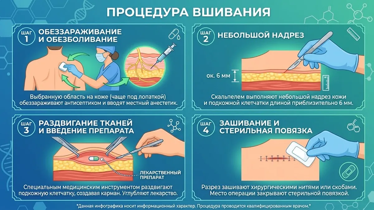 Инфографика «Процедура вшивания», иллюстрирующая 4 этапа операции.